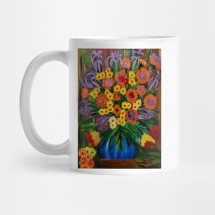 Some abstract vibrant colorful flowers in a glass vase with gold base accent Mug